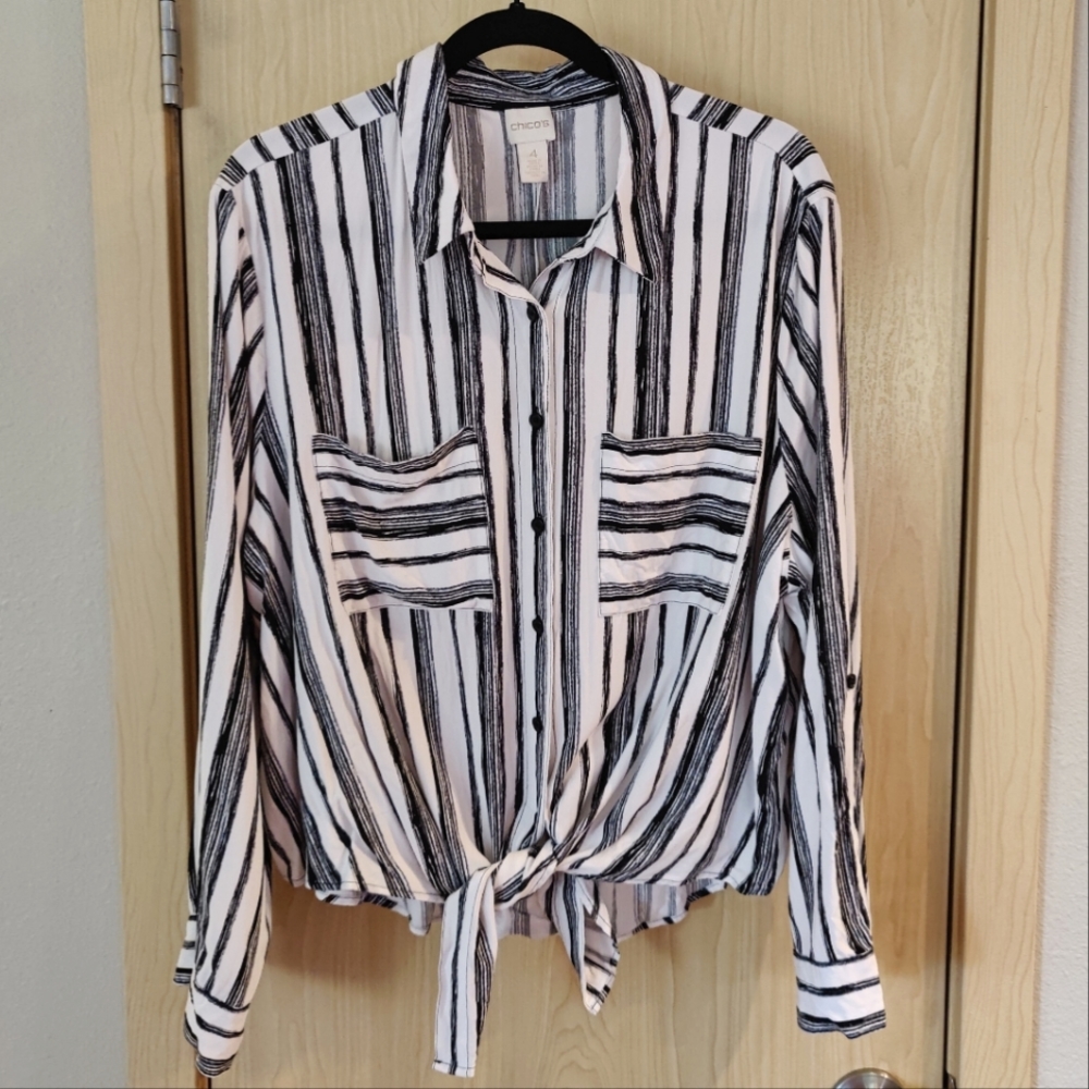 Button Up Blouse Stripes with Tie Front XXL
